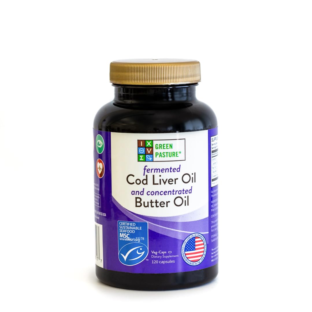 Green Pasture Fermented Cod Liver Oil & Butter Oil Blend - Wild Alaska Cod, Vitamins A & D, Omega-3-6-9, MSC Certified, 120 Capsules Green Pasture