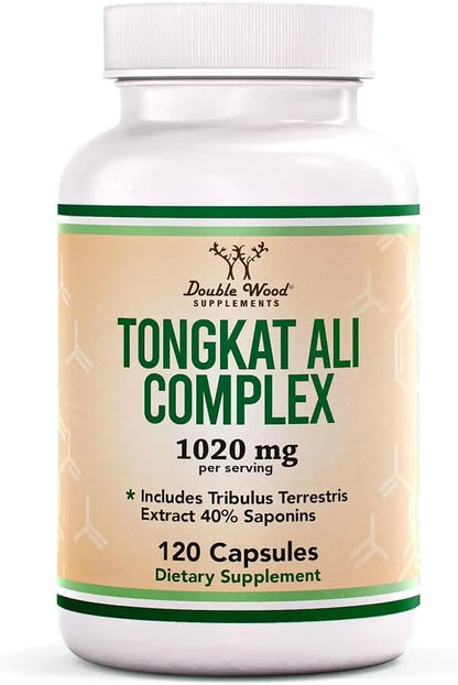 Tongkat Ali Extract - Ultra High Potency 200:1 - for Men (Longjack) Eurycoma Longifolia, 1000mg per Serving, 120 Capsules - with 20mg Tribulus Terrestris Double Wood Supplements