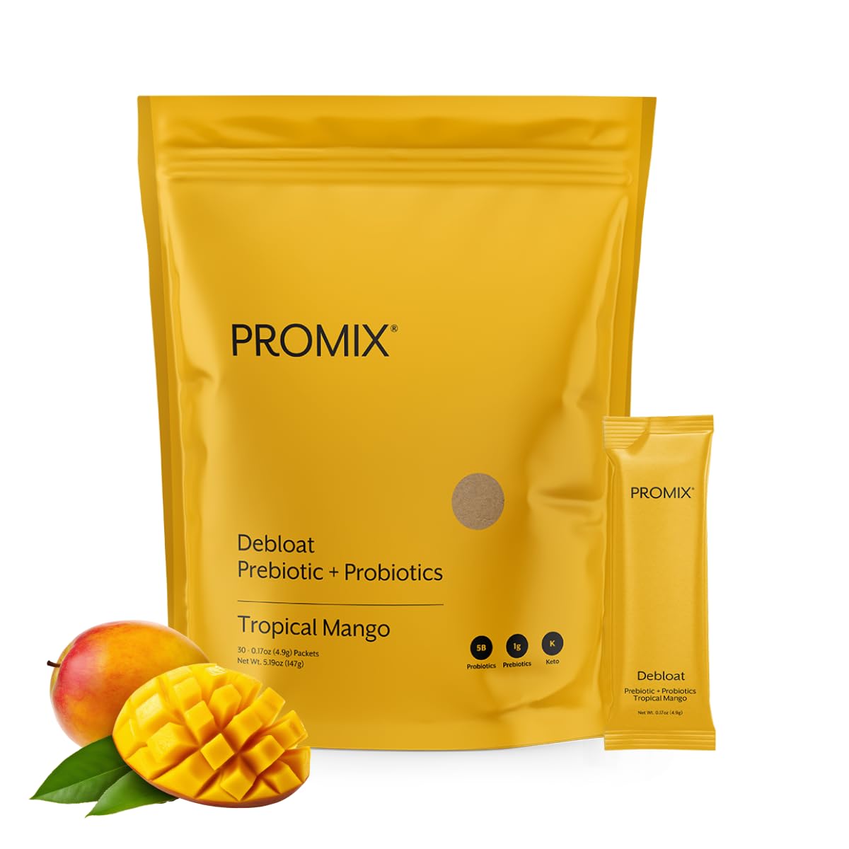 ProMix Nutrition Debloat Prebiotics and Probiotics Immune Support Supplement for Digestion, Cortisol Health, Gut Cleanse - Mango - 30 Servings (Pack of 30) ProMix Nutrition
