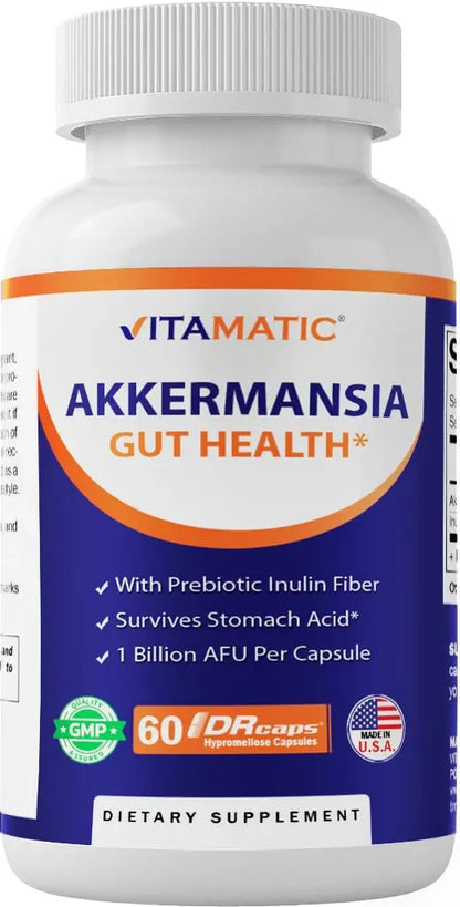 Vitamatic Akkermansia Muciniphila Gut Health - 60 DR Capsules (Delayed Released) - Made with Prebiotic Inulin Fiber Vitamatic