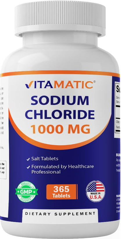 Vitamatic Sodium Chloride 1000mg – 365 Tablets Electrolyte Replenisher & Hydration Support – Non-GMO, Gluten-Free Vitamatic