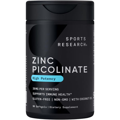 Sports Research High Potency Zinc Picolinate 30mg with Organic Coconut Oil | Highly Absorbable Zinc Supplement for Healthy Immune & Enzyme Function Sports Research