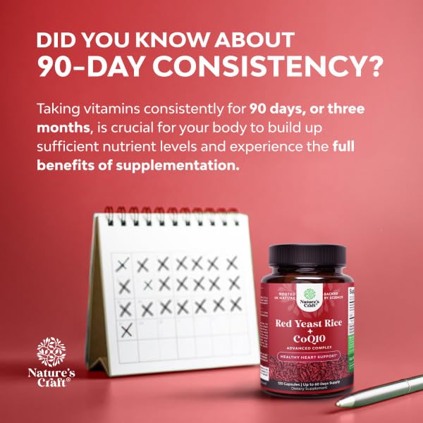 Natures Craft Red Yeast Rice with CoQ10 Supplement - Advanced Healthy Heart & Healthy Cholesterol Levels Formula for Men & Women - Red Yeast Rice Capsules with 1200 mg Natures Craft