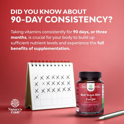Natures Craft Red Yeast Rice with CoQ10 Supplement - Advanced Healthy Heart & Healthy Cholesterol Levels Formula for Men & Women - Red Yeast Rice Capsules with 1200 mg Natures Craft