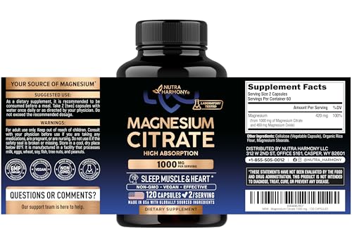 Magnesium Citrate Capsules 1000mg | High Absorption Supplement - Sleep, Muscle & Heart Support - Vegan | Non-GMO - Made in USA - As Powder NUTRAHARMONY