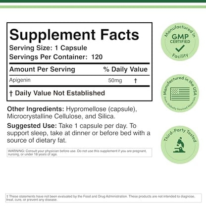 Apigenin Supplement - 50mg per Capsule, 120 Count (Powerful Bioflavonoid Found in Chamomile Tea for Relaxation, Sleep, and Mood) Senolytic Double Wood Supplements