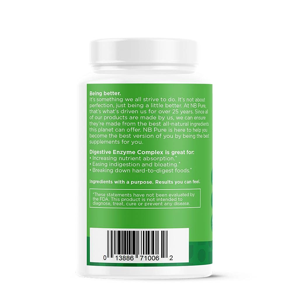 nbpure Vegan Digestive Enzyme Complex – Daily Bloating, Gas, & Food Digestive Support for Women & Men – 12 Enzymes & 3 Herbs – Lactase, Protease, Lipase nbpure