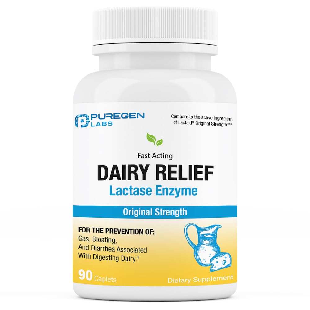 Puregen Labs Dairy Relief Natural Fast Acting Lactase Enzyme 3000 FCC, Lactose Intolerance Pills 90 Caplets P Puregen Labs