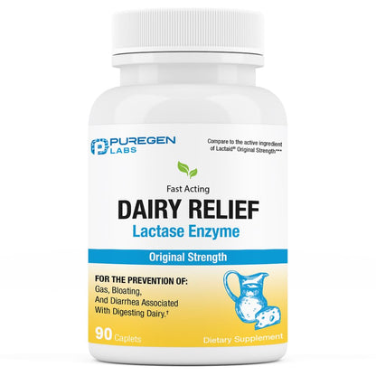 Puregen Labs Dairy Relief Natural Fast Acting Lactase Enzyme 3000 FCC, Lactose Intolerance Pills 90 Caplets P Puregen Labs