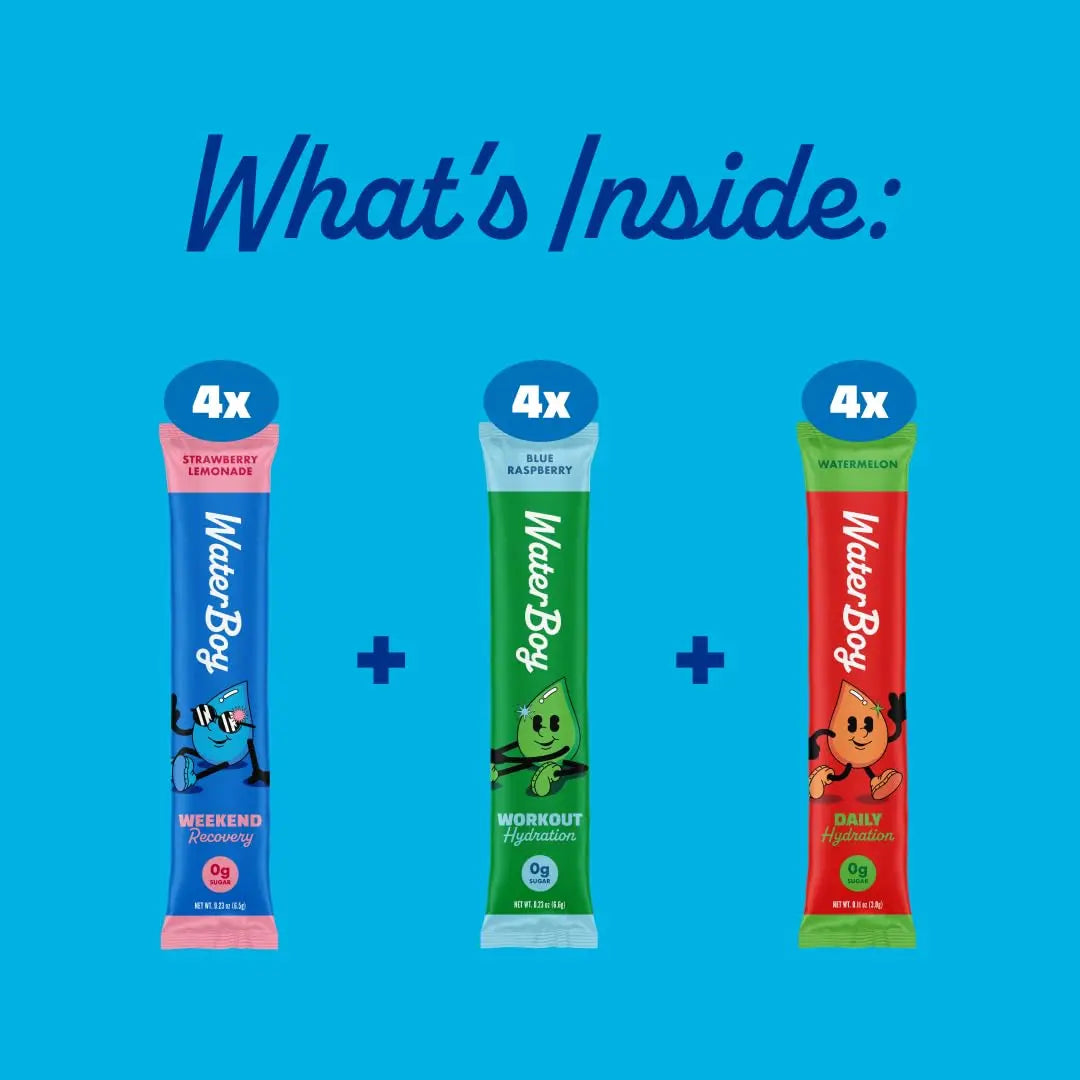 Waterboy Hydration Recovery Variety | 4-9x Electrolyte Powder Packets | Ginger + L-Theanine + L-Glutamine + Vitamins | No Sugar, All Natural, Gluten Free Waterboy