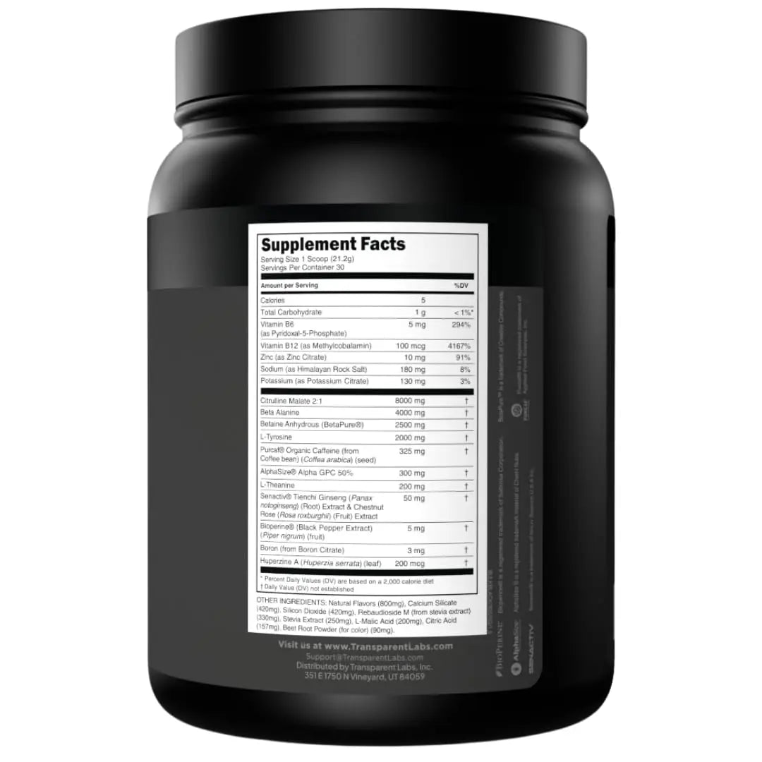 Transparent Labs Bulk Black Pre Workout - Clinically Dosed, Sugar Free Preworkout for Men and Women with Beta Alanine Powder, Citrulline Malate Transparent Labs