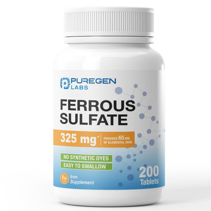 Puregen Labs Ferrous Sulfate 325 mg (65 mg Elemental Iron) High Potency Iron Supplement | No Artificial Color Additives - 200 Tablets P Puregen Labs