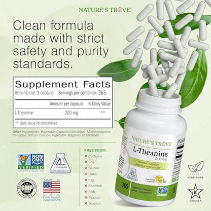 Nature's Trove L-Theanine 200mg Super Value Size - 365 Vegetarian Capsules Nature's Trove