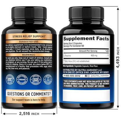 L Theanine 400 mg | L-Theanine Stress Relief | Extra Strength Supplement | Made in USA | Relaxation, Sleep & Calm Support | For Men & Women | Plant Based NUTRAHARMONY