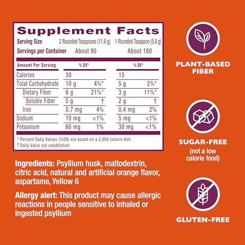 Metamucil 4-in-1 Psyllium Husk Friendly Fiber Supplement, Sugar-Free, 180 teaspoons, Orange Flavored, Daily Fiber Powder for Digestive Health Metamucil