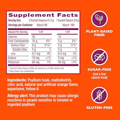 Metamucil 4-in-1 Psyllium Husk Friendly Fiber Supplement, Sugar-Free, 180 teaspoons, Orange Flavored, Daily Fiber Powder for Digestive Health Metamucil