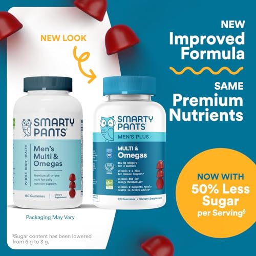 SmartyPants Men's Multivitamin Gummies with Omega 3 DHA/EPA, Methylfolate, Vitamin D3, C, B12, B6, A, K, Zinc SmartyPants
