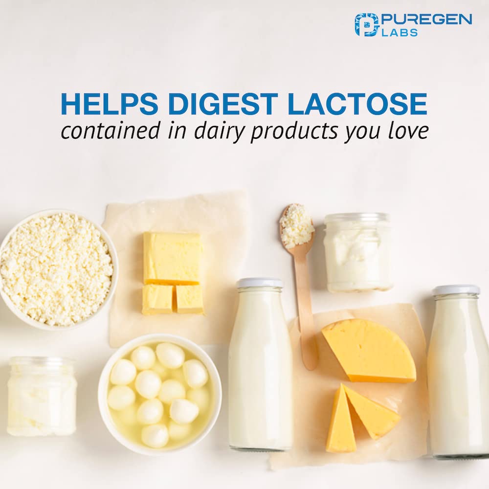 Puregen Labs Dairy Relief Natural Fast Acting Lactase Enzyme 3000 FCC, Lactose Intolerance Pills 90 Caplets P Puregen Labs