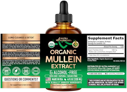 Mullein Drops for Lungs - USDA Organic Liquid - Mullein Leaf Extract Supplement - Made in USA - Lung & Bronchial Cleanse for Smokers - Respiratory Health Support NUTRAHARMONY