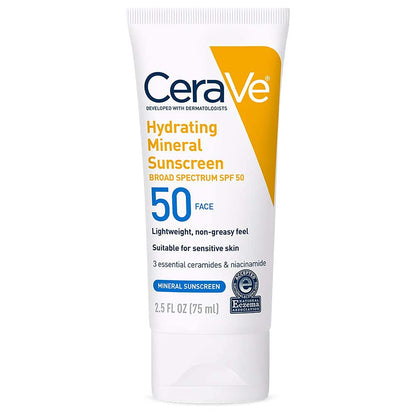 CeraVe Hydrating Mineral Sunscreen SPF 50 Face Sunscreen, Travel Size 2.5oz CeraVe