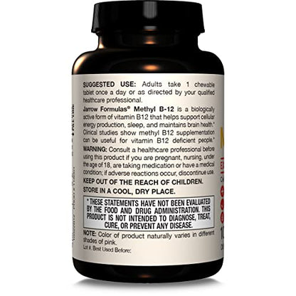 Jarrow Formulas Methyl Vitamin B-12 1000 mcg, 100 Chewable Tablets, Lemon Flavored- Bioactive B12 Vitamin - Supports Cellular Energy Production Jarrow Formulas