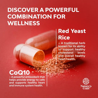 Natures Craft Red Yeast Rice with CoQ10 Supplement - Advanced Healthy Heart & Healthy Cholesterol Levels Formula for Men & Women - Red Yeast Rice Capsules with 1200 mg Natures Craft