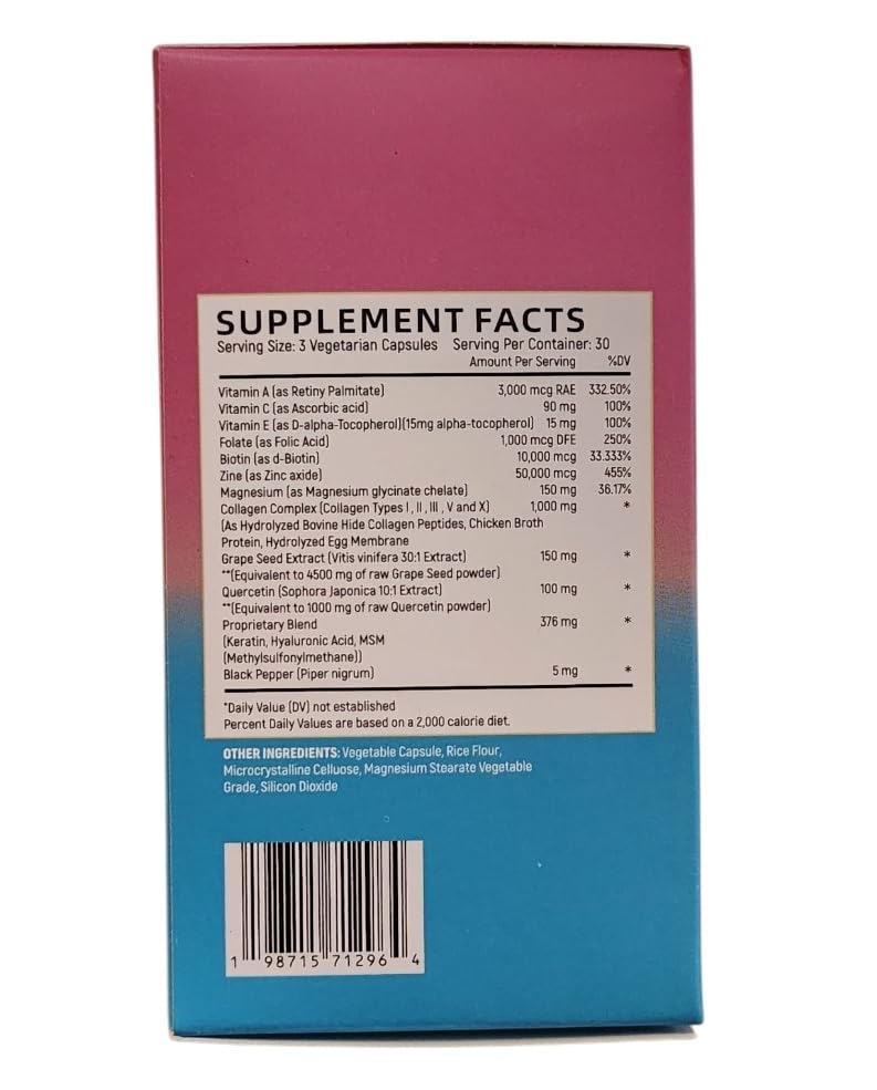 Collagen Peptides Types I, II, III, V & X, 64000 MCG, 14 in 1, Biotin, Keratin, Hyaluronic Acid, Magnesium, MSM, Grape Seed, Vitamin A C & E, Black Pepper, Quercetin, Folate, Zinc (90 Veggie Caps) Main Products buy australia supplements