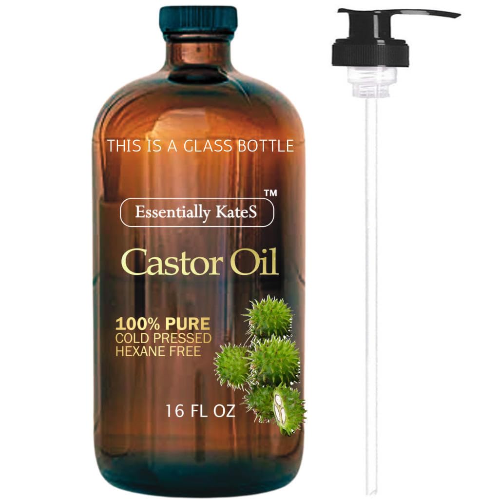 Essentially KateS Castor Oil 16 Fl Oz (Glass Bottle) - Original - A Huge Glass Bottle with a Pump - 100% Pure and Natural, Cold Pressed, and Hexane-Free - Hair and Body Essentially KateS