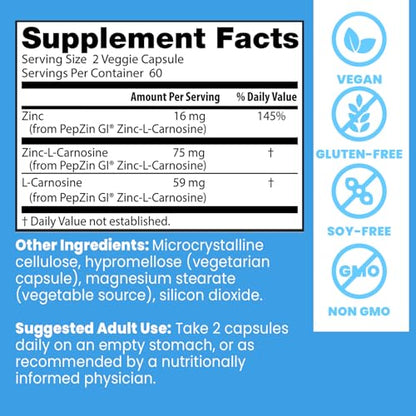 Doctor's Best PepZin GI, Zinc-L-Carnosine Complex for Men & Women - Zinc Carnosine Supplement Caps for Gut Health, Digestive Support, & Stomach Comfort Doctor's BEST