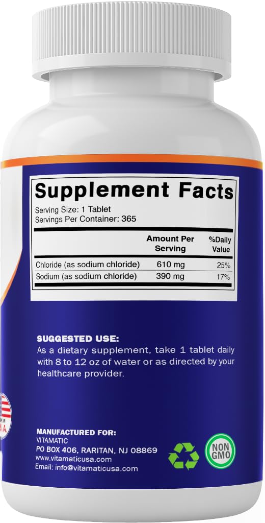 Vitamatic Sodium Chloride 1000mg – 365 Tablets Electrolyte Replenisher & Hydration Support – Non-GMO, Gluten-Free Vitamatic