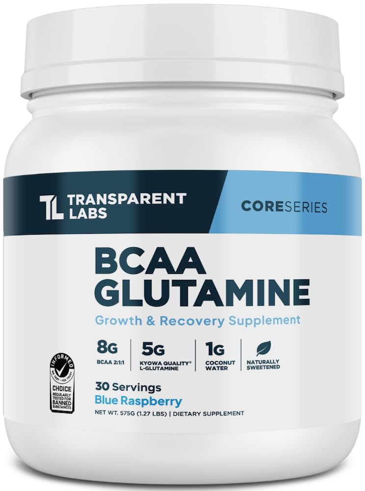 Transparent Labs BCAA Glutamine - 8000 mg of BCAA Powder Per Serving with L Glutamine for Post Workout Recovery, Muscle Growth, & Increased Endurance - 30 Servings, Strawberry Lemonade