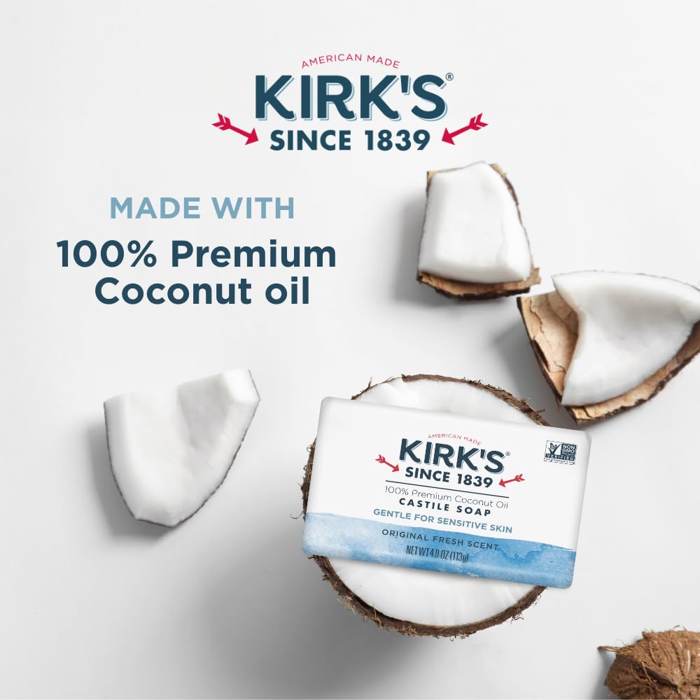 Kirk's Castile Bar Soap, Original Fresh Scent - Clinically Tested, Safe for Sensitive Skin with Coconut Oil, Vegan and Non-GMO - 4 oz Bars, 6 Pack and Fragrance Free Travel Bar Kirk's