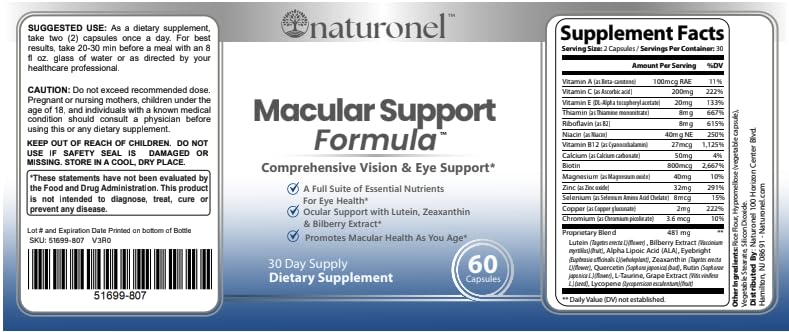 Naturonel Macular Support Formula – Vision & Eye Health with Lutein, Zeaxanthin, Bilberry, Eyebright & Antioxidants | Non-GMO, Made in USA, GMP Certified – 60 Capsules, 30 Day Supply (1) Naturonel buy australia supplements