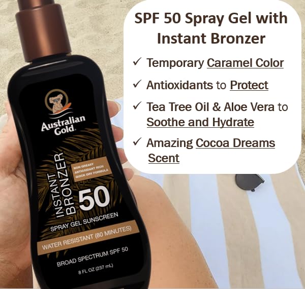 Australian Gold Spray Gel Sunscreen SPF 50 Broad Spectrum | Instant Bronzer Australian Gold