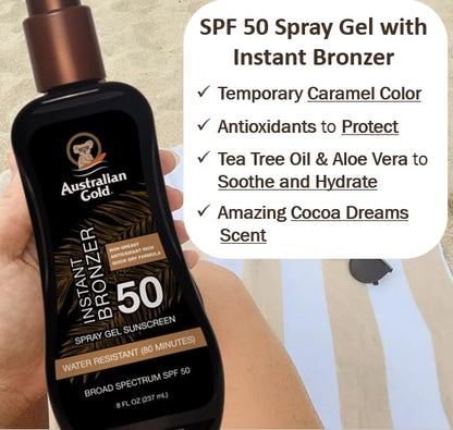 Australian Gold Spray Gel Sunscreen SPF 50 Broad Spectrum | Instant Bronzer Australian Gold