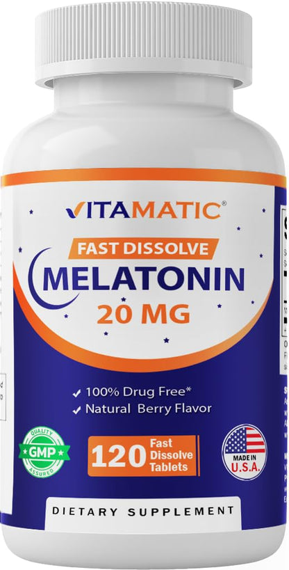 Vitamatic Melatonin 20mg for Sleep Support | Vegetarian, Non-GMO, Gluten Free | HIGH Potency 20 MG | Natural Berry Flavor 120 Vitamatic
