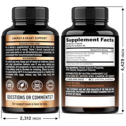 Ceylon Cinnamon Capsules - Extra Strength - Energy Heart & Metabolism Support for Men & Women - Pure Natural Cinnamon 20:1 Extract Supplement NUTRAHARMONY
