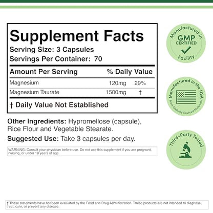 Magnesium Taurate Supplement for Cardiovascular Health to Boost Magnesium Levels (1,500mg per Serving, 210 Vegan Capsules) Non-GMO, Gluten Free Double Wood Supplements