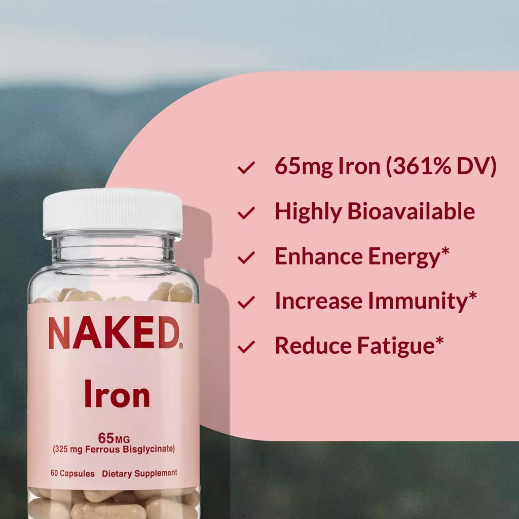 Naked Iron 65mg, 325mg Ferrous Bisglycinate - High Potency Iron Supplement for Iron Deficiency, Cellular Energy Support, Promotes Healthy Red Blood Cell Production NAKED