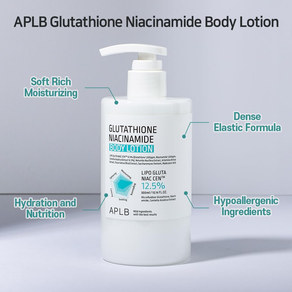 APLB Glutathione Niacinamide Body Lotion | LIPO GLUTA NIAC CEN™ 12.5% 10.14 FL.OZ/Korean Skincare, Long lasting hydration, Revitalize for gentle and improve skin texture APLB