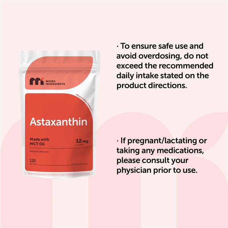 Micro Ingredients Astaxanthin 12mg with MCT Oil, 120 Softgels, 4 Month Supply | Premium Astaxanthin Antioxidant Supplements* | Fresh Microalgae Source Micro Ingredients