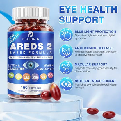 AREDS 2 Eye Vitamin & Mineral Supplement — Lutein and Zeaxanthin Supplement, Vitamin C & E, Zinc & Copper for Blue Light Protection, Eye Health Support FIDERNIC