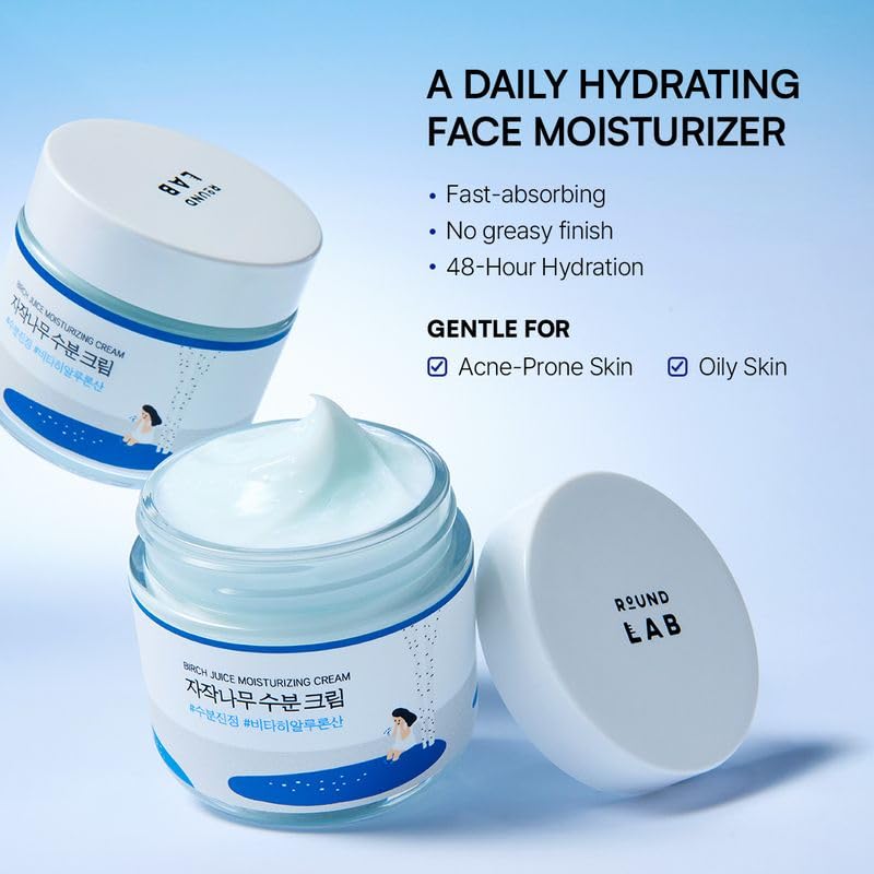 ROUND LAB Birch Juice Moisturizing Cream 2.7 Fl Oz, 48-Hour Deep Hydrating Face Moisturizer with Birch Sap & Vita Hyaluronic Acid for Acne-Prone Skin ROUND LAB