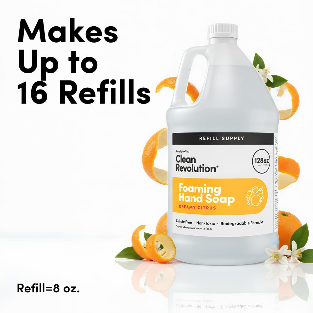 Clean Revolution Foaming Hand Soap Refill with Real Essential Oils, Moisturizing Sulfate-Free Hand Soap, Ready-to-Use Foam Soap Refill for Kitchen & Bathroom (Dreamy Citrus, 128oz) Clean Revolution