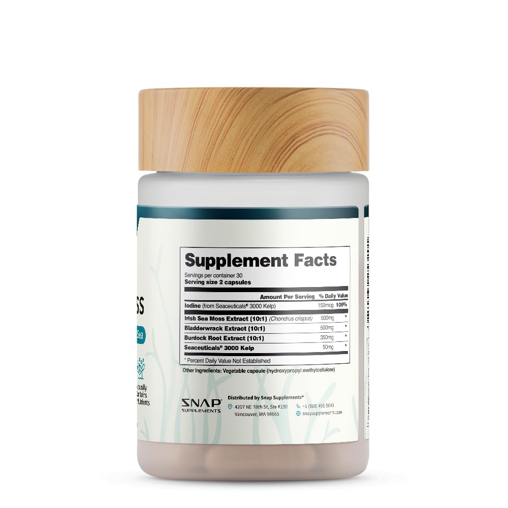 Snap Supplements Irish Sea Moss with Bladderwrack, Burdock Root & Iodine – Natural Sea Moss Supplement to Support Gut Health, Energy & Healthy-Looking Skin, 60 Vegan Capsules (1 Month Supply) Snap Supplements buy australia supplements