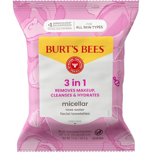 Burt’s Bees Micellar Rose Water Facial Towelettes, 100% Plant Based Cloth; 99% Natural Origin; Remove Makeup, Cleanse, Hydrate; No Oily Residue; All Skin Types; 30 Ct, Pack of 3 (Pack May Vary) Burt's Bees