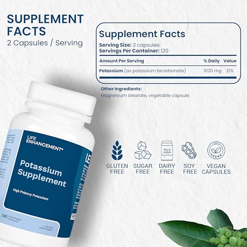 Life Enhancement High Potency 1020 mg Potassium Supplement for Muscle, Brain & Bone Health - No Additives High Absorption Elemental Potassium Supplement Life Enhancement