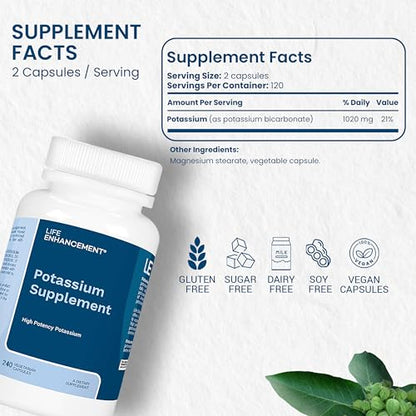 Life Enhancement High Potency 1020 mg Potassium Supplement for Muscle, Brain & Bone Health - No Additives High Absorption Elemental Potassium Supplement Life Enhancement