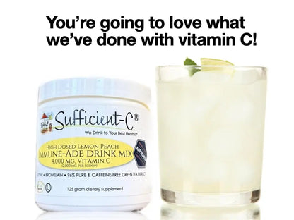 Sufficient-C High Dose Non-GMO Vitamin C Lemon Peach Immune-Ade Drink Mix, Convenient 125 Gram Size w/L-lysine, Bromelain & a Premium 96% Pure Green Tea Extract Sufficient-C