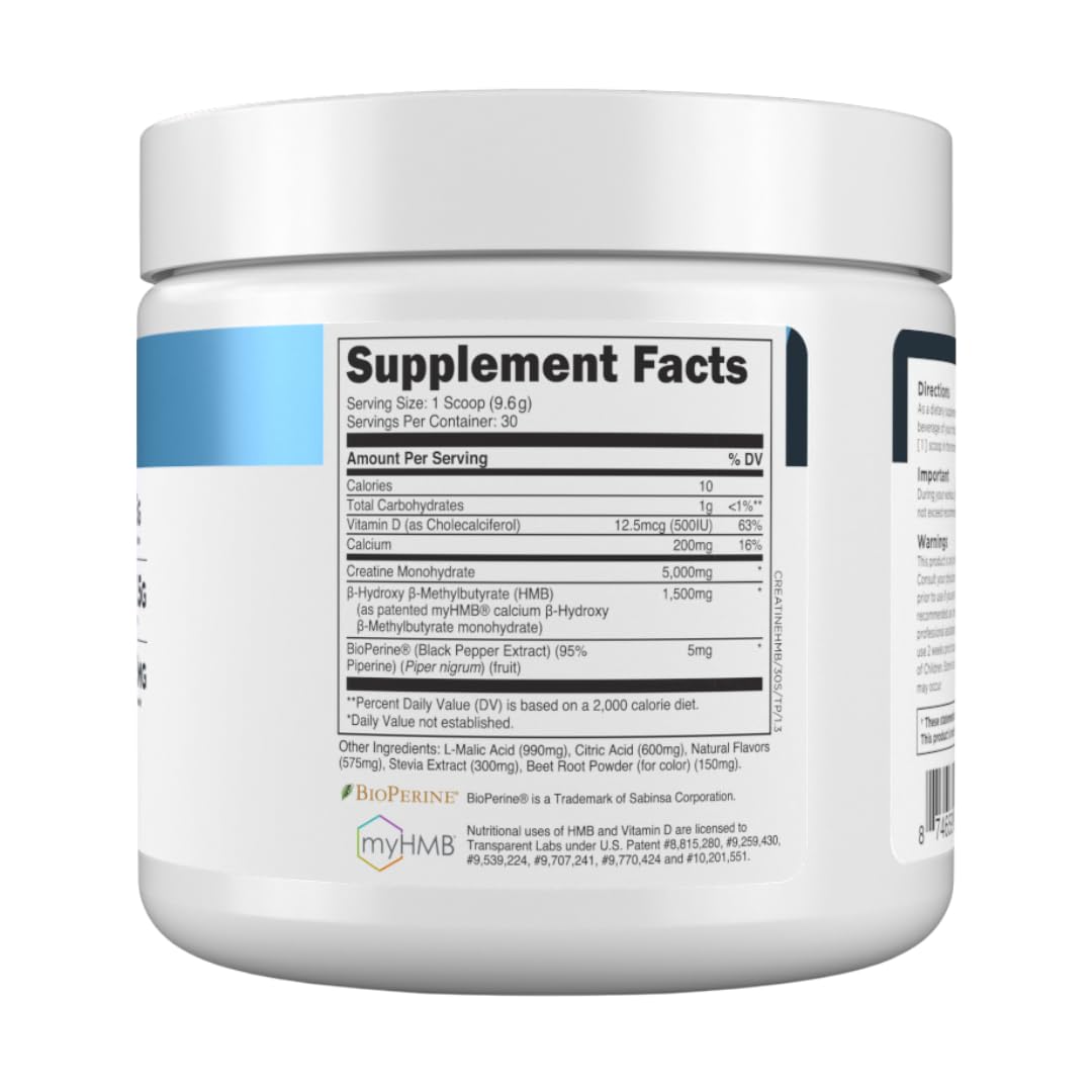 Transparent Labs Creatine HMB - Creatine Monohydrate Powder with HMB for Muscle Growth, Increased Strength, Enhanced Energy Output, and Improved Athletic Performance - 30 Servings, Unflavored